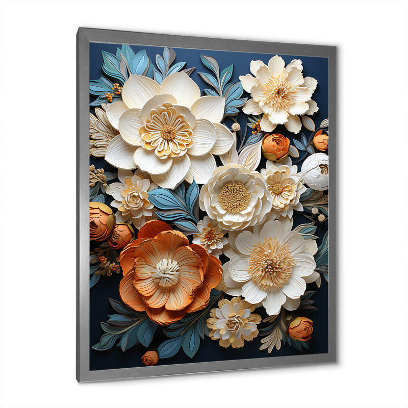 «Beige and Blue Flower Garden Zen I», reproduction d'art sur toile, Cadre simple argenté, H 20 po x l 12 po x P 1 po