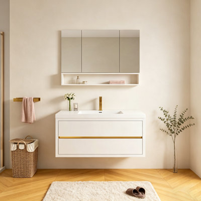Meuble-lavabo mural 48 po avec lavabo, meuble de rangement flottant pour salle de bain avec comptoir en résine de pierre et tiroirs à fermeture en douceur entièrement assemblés, blanc brillant