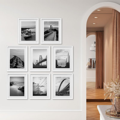 " Black & White Ocean Beach Coastal Seascape Briages " 8 - Pieces
