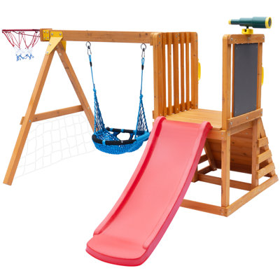 Toddler Slide And Swing Set With Basketball Hoop For Kids 1-3, Toddler Climber, Football Net, Telescope, Drawing Board, Perfect Wooden Playsets For To