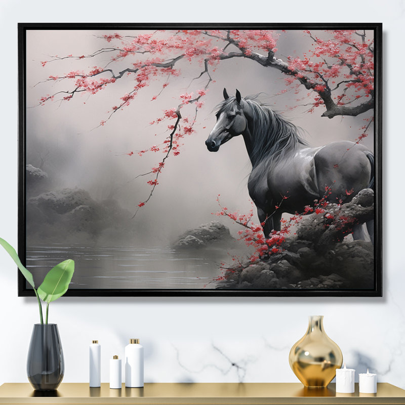 Art asiatique, cheval gris I - art mural cheval, H 24 po x l 32 po x P 1 po, Cadre flottant noir