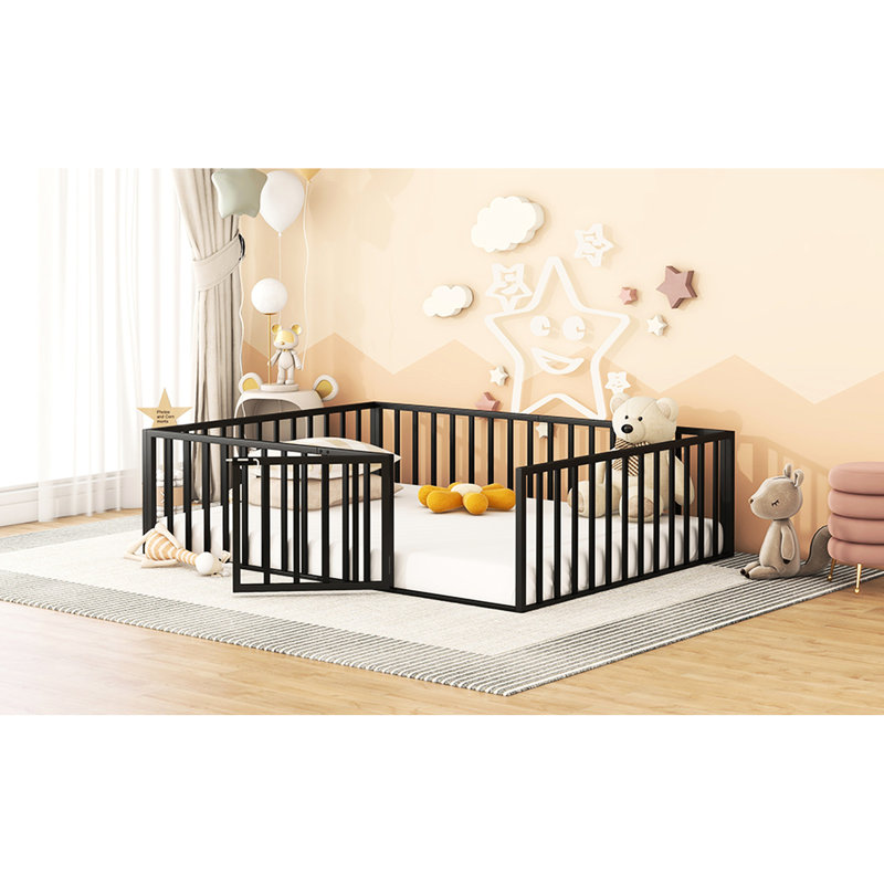 Grand lit de sol en métal - avec clôture et porte, polyvalent pour différentes utilisations, cadre noir, style de porte, Noir