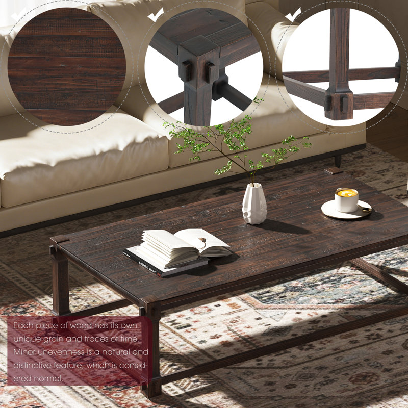 Table basse en bois massif, bois rétro de 30 ans et plus, fabrication artisanale à mortaise et tenon, surface résistante aux égratignures, table de salon robuste 55 po x 30 po x 16 po