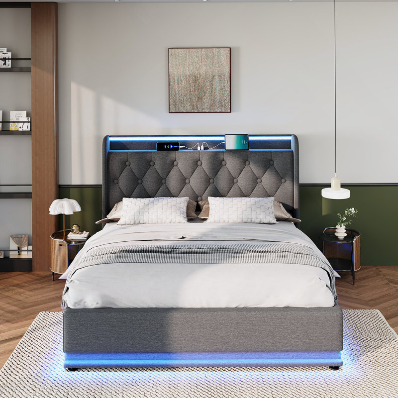 Lit rembourré avec fonction DEL à 360 degrés, boutons / applications / télécommande, rangement hydraulique et système de soutien solide pour un sommeil confortable.