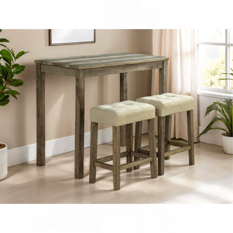 Modern Transitional Brown Dining Table W 2X Stools Biscuit-Tufted Seat Cushion Chair 3Pc Dining Set