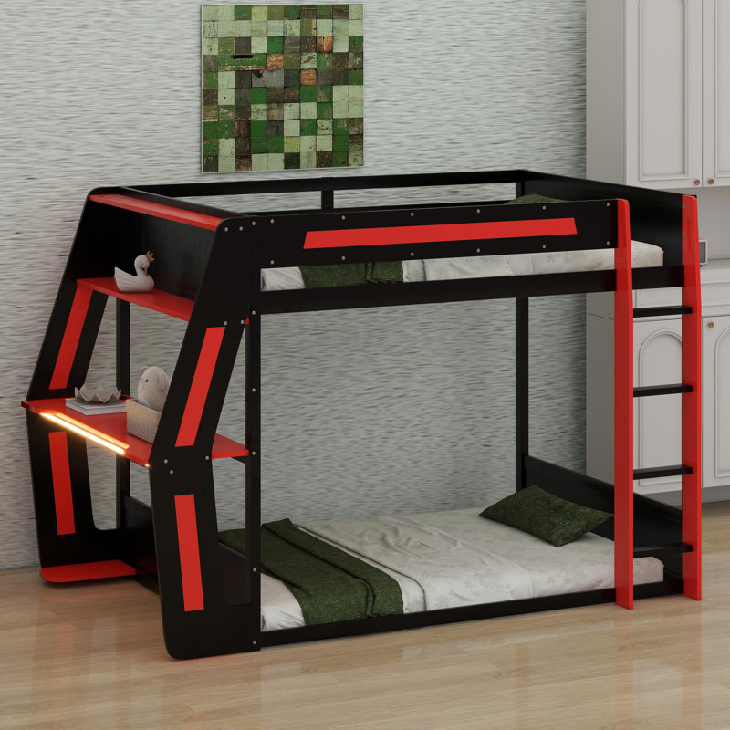 Gaming Bunk Bed With Side-Mounted Oversized RGB Desk, Red