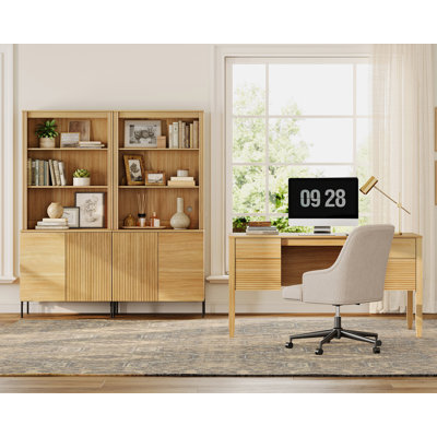 Home Office Set, 58" Modern Executive Desk With Charging Station And Drawers & 2 Piece 71.8"H Tall 10-Tier Fluted Bookcases With Storage Cabinet For Living Room, Bedroom, Home Office
