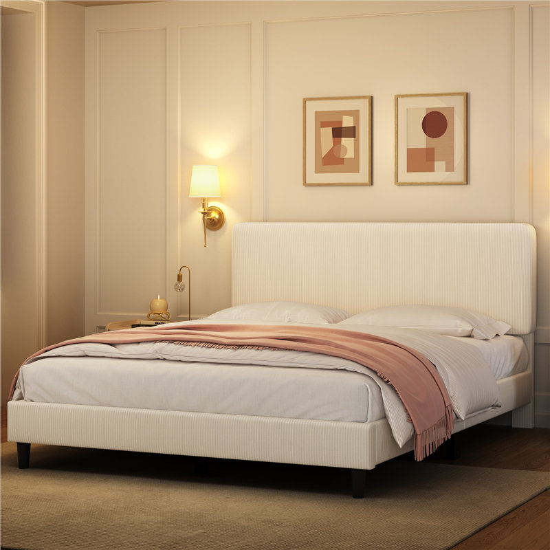 Upholstered Bed Frame with Adjustable Headboard, Full, Beige