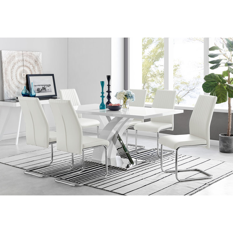 Edzard Chrome & White High Gloss Dining Table Set with 6 Luxury Faux Leather Dining Chairs, White