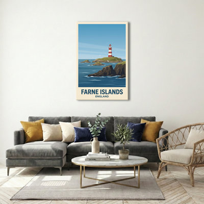 Farne Islands, England - Lighthouse And Puffins: Romantic Vintage Coastal Travel Poster. Giclee Print On Wrapped Canvas. Wall Art, Home Decor - Natural Landmarks, England - Wrapped Canvas Print
