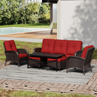 Ensemble de patio extérieur en osier pour 5 personnes avec canapé, chaises, repose-pieds, table basse et coussins