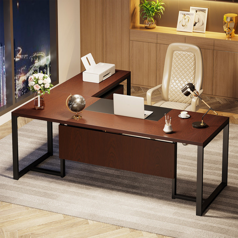 Trisca 70.8" W L-Shaped Executive Desk with Storage Cabinet, Dark Walnut/Black