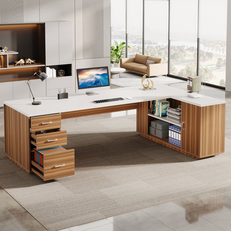 85.8-Inch L-Shaped Executive Desk, White/Brown