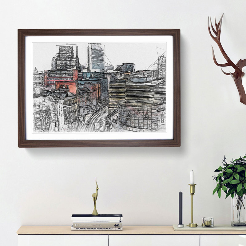 The Manchester Skyline in Abstract - Picture Frame Graphic Art Print, 36cm H x 48cm W x 2cm D, Walnut Framed
