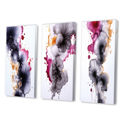 Delicate Fluidity Magenta And Gold Ink Clouds IV - Abstract Painting Art Set Of 3 Pieces