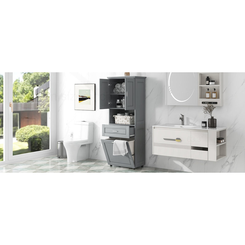 Grande armoire de salle de bain avec panier à linge, Gris