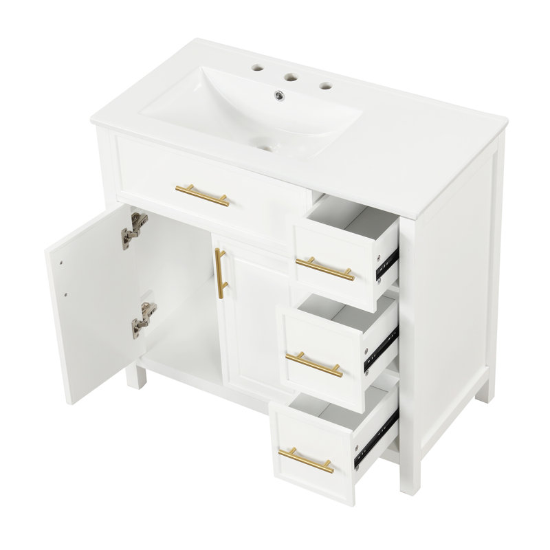 Meuble-lavabo avec comptoir, meuble-lavabo avec deux portes et trois tiroirs, Blanc