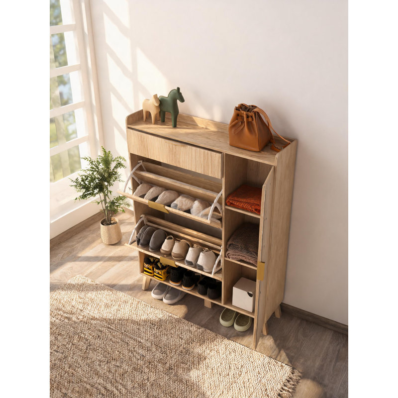 Meuble à chaussures mince et autoportant avec miroir pleine longueur, rangement pour chaussures étroit avec tiroir pour petit vestibule