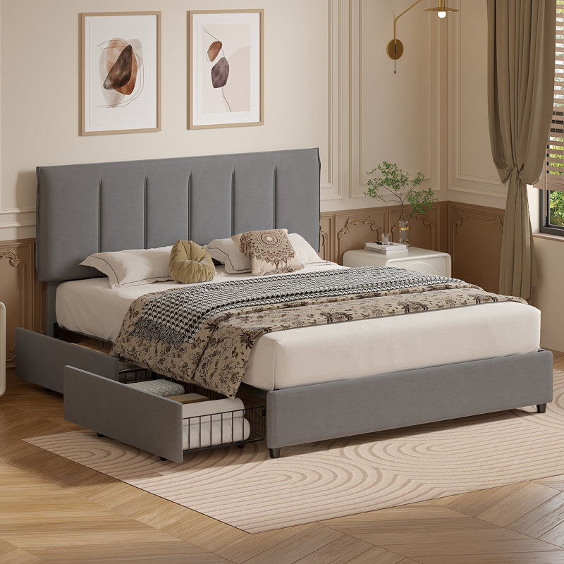 Lit plateforme tapissier avec rangement Cahlin, Double, Gris foncé