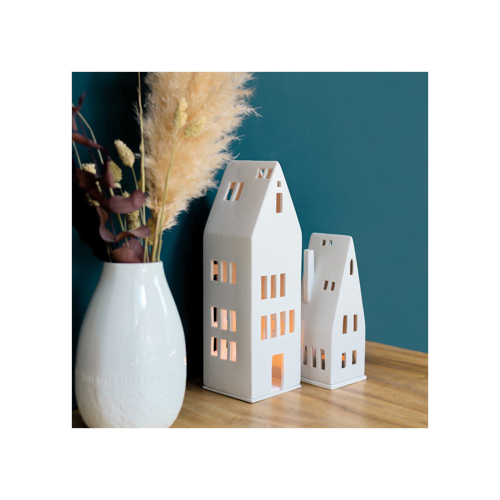Porcelain Village House - Large Windows, 11.8" H x 3.5" W x 3.9" D