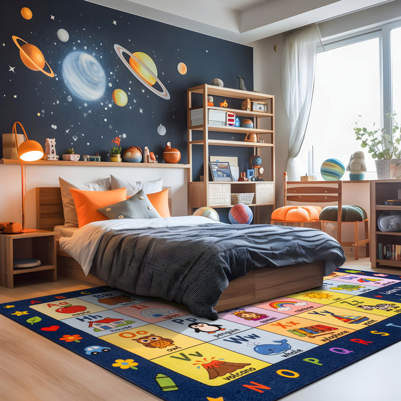 ABC Alphabet Grid, bordure bleu marine, tapis pour enfants, multi, envers antidérapant, 6 pi 6 po x 9 pi