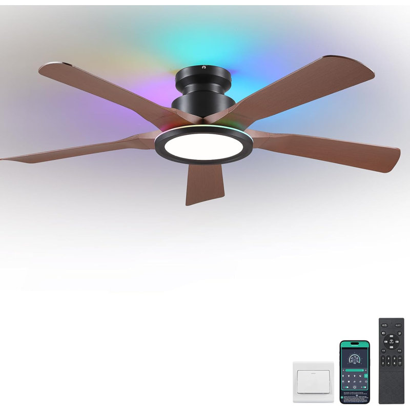 Ventilateur de plafond encastré 52 "avec lumière annulaire RVB, Noir, Brun