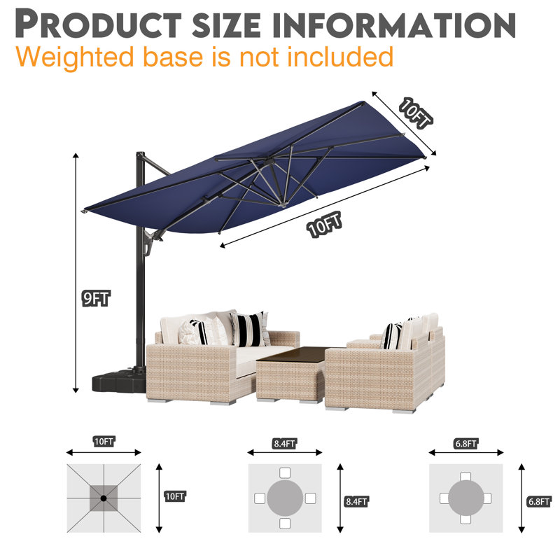  Parasol de patio rectangulaire en aluminium 10 po x 10 pi 10 po x 10 pi avec poignée pivotante et rotation à 360 °, réglage de l'inclinaison pour le jardin, la terrasse, les piscines, bleu