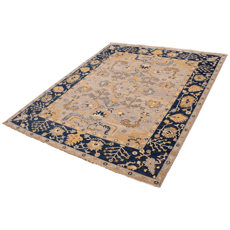 Tapis gris clair unique noué à la main de conception unique 12 pi 1 po x 14 pi 9 po One Of Kind