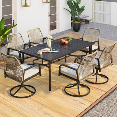 7-piece Outdoor Patio Dining Set, 6 Woven Rattan Swivel Chairs With Cushions & Metal Slat Table With 1.96” Umbrella Hole, All-weather Patio Dining Set by EROMMY