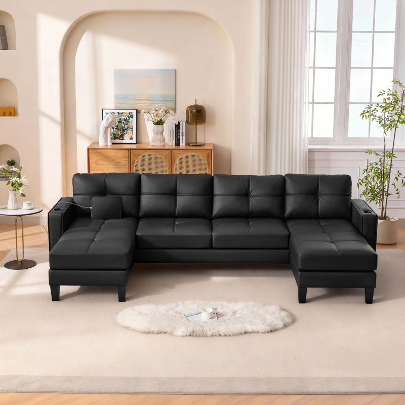116” W Faux Leather U-Shape Sectional Couch With Usb And Cup Holders, Black Faux Leather
