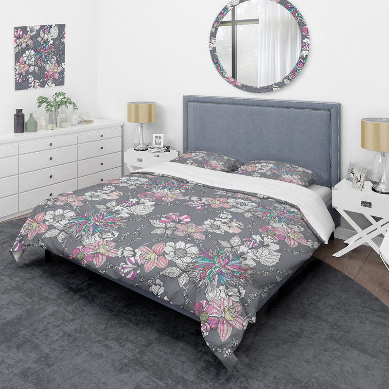 Fleurs grises - Ensemble de housse de couette floral - Polyester microfibre