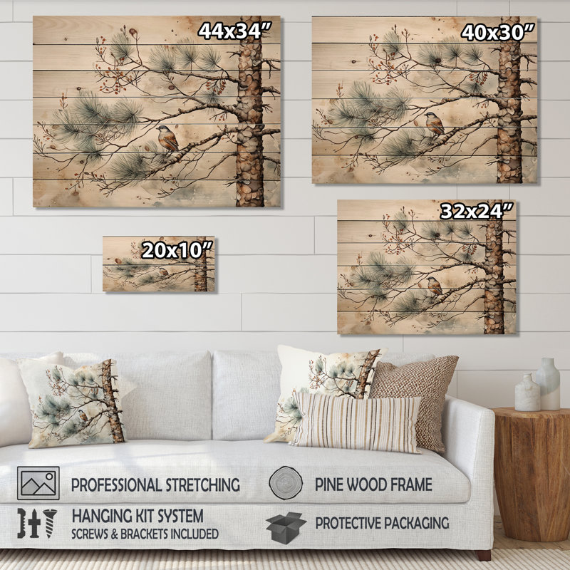 Oiseau sur pin II sur bois, H 10 po x l 20 po x P 0,78 po