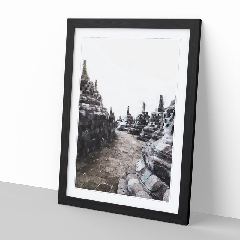 The Borobudur in Indonesia - Picture Frame Painting, 36cm H x 27cm W x 2cm D, Black Framed