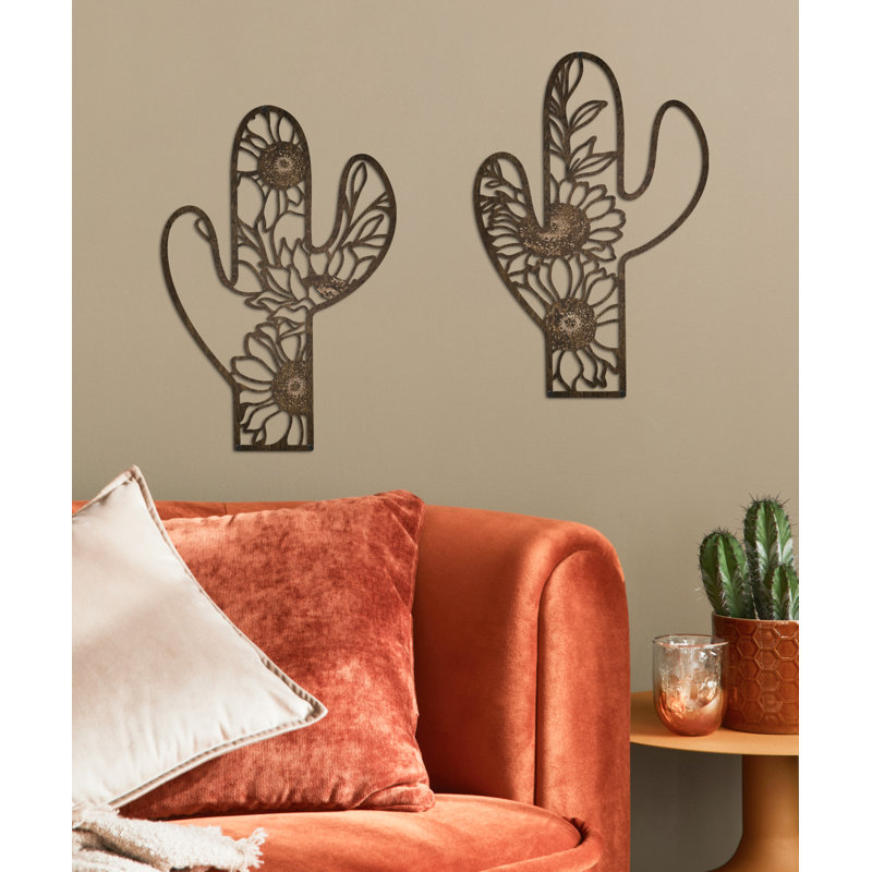Metal Cactus Outdoor Decor, Rustic Sunflower Metal Wall Art, Floral Nature-Inspired Metal Wall Art for Living Room, Bedroom, Bathroom, Boho Style, Lawn Decoration, 12.2 x 4.6 inches