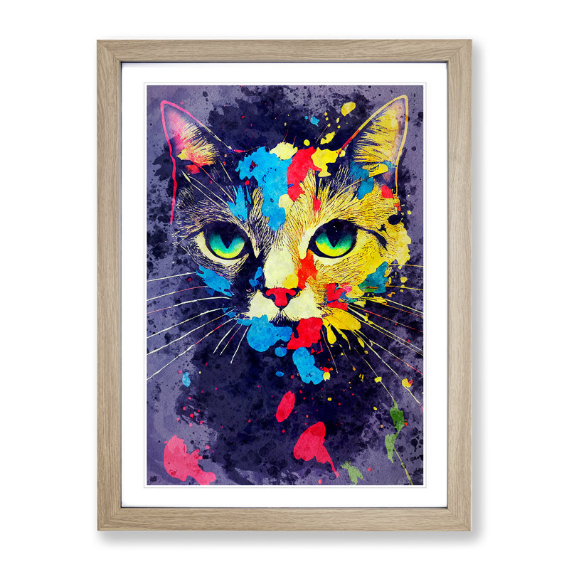 Paint Splat Cat No.4 - Framed Print, 46cm H x 34cm W x 2cm D, Oak
