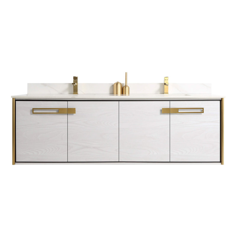 72'' Double Bathroom Vanity with Carrara Quartz Top, Satin Brass, Mild Gray Oak
