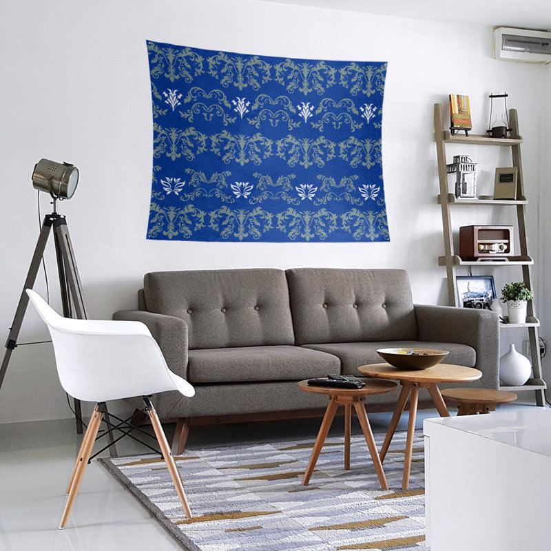 Tapisserie baroque en microfibre Dallas, H 68 po x l 80 po, Bleu foncé / gris / blanc