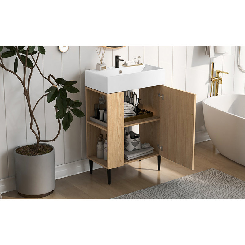 Meuble-lavabo en bois 21,6 po, armoire combinée, meuble de rangement pour salle de bain, lavabo simple en céramique, rangement à gauche