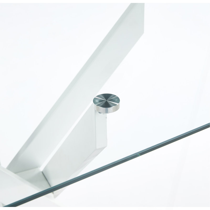 Table de salle à manger avec pieds en croix en métal et verre trempé, table de cuisine moderne pour le salon, table carrée blanche