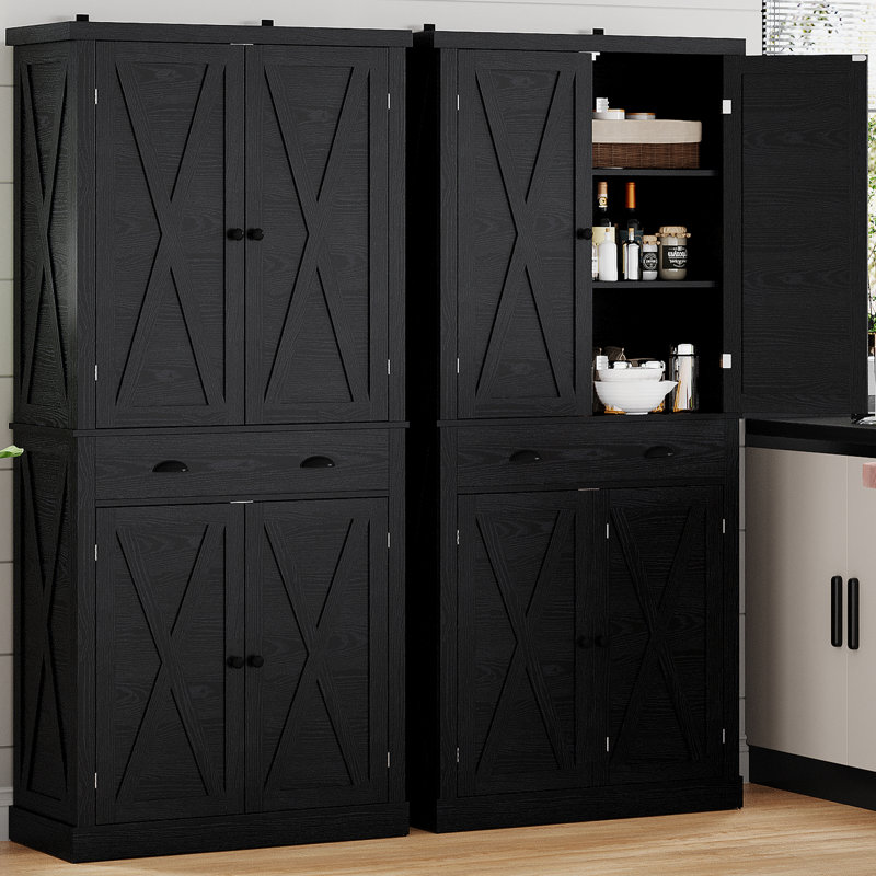 Dundonald 72.6" Tall Kitchen Pantry with 4 Adjustable Shelves, Storage Cabinet with 4 Doors for Kitchen, Living Room, Black