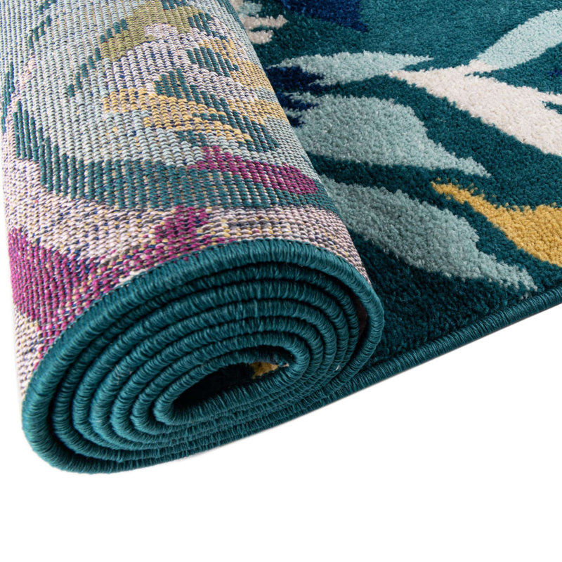 Tapis floral Holle, Octogone 7 pi x 7 pi, Bleu sarcelle / jaune / rose