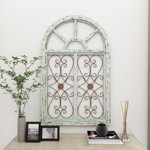 Wood Arched Window Inspired Scroll Light Blue Wall Decor with Metal Scrollwork Relief