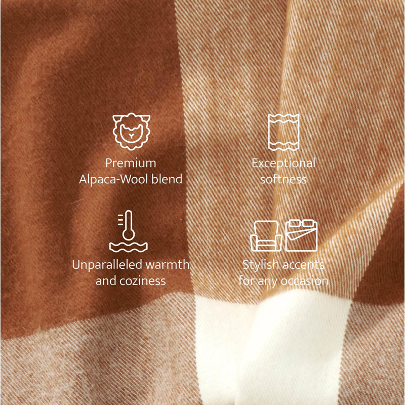 Double Stitch Alpaca Wool Fleece Blanket, Brown/Beige Checkered