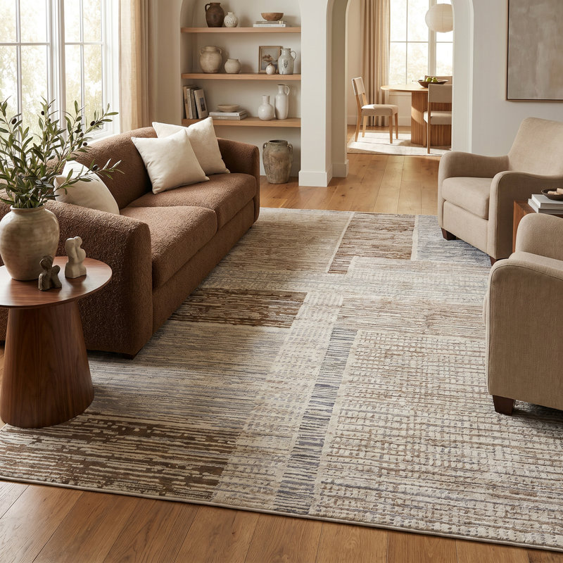 Tapis à motif abstrait beige / brun 5 pi x 8 pi (5 pi 3 po x 7 pi 7 po) Branch Branch Nira, tapis contemporain, à poils moyens et résistant aux taches