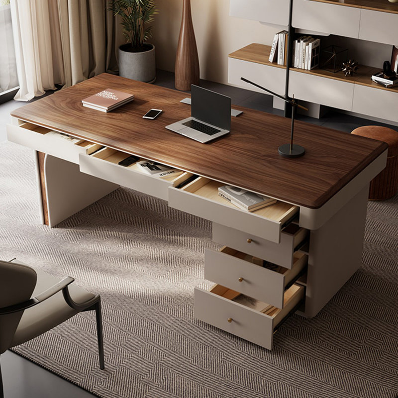 Bureau rectangulaire en bois massif brun noisette, Retour à droite, 29.53" H x 62.99" W x 27.56" D
