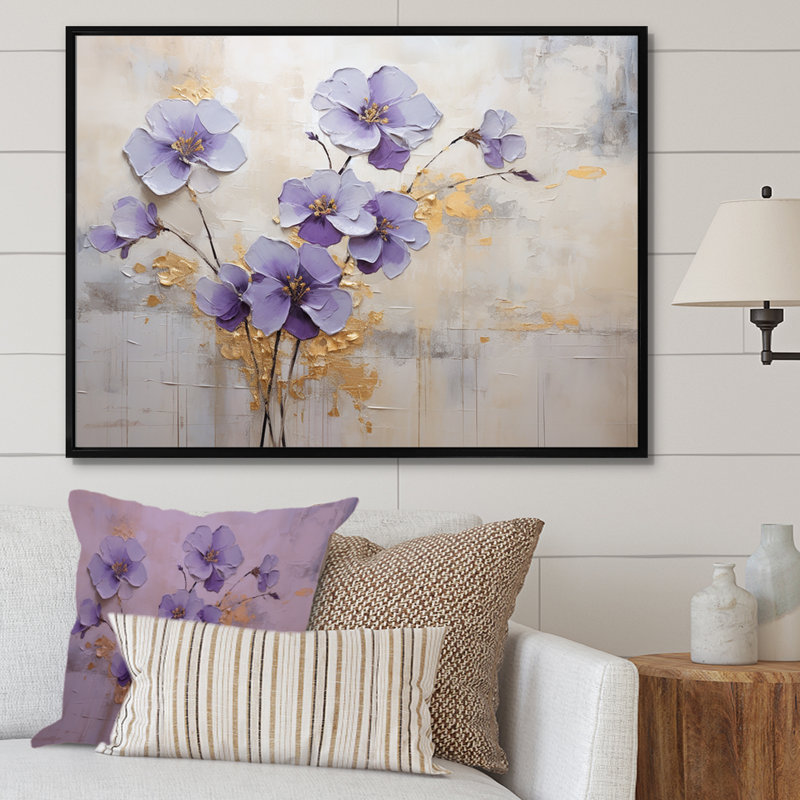 Mauve et or orné de violettes Meadow I - art mural Violettes, H 12 po x l 20 po x P 1 po, Cadre flottant noir