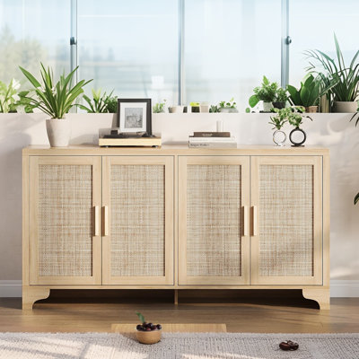 Boho Natural Rattan TV Stand for TVs Up to 70â€, Farmhouse Media Console Entertainment Center with Cabinets & Shelves, Storage Living Room Furniture by Bay Isle Home