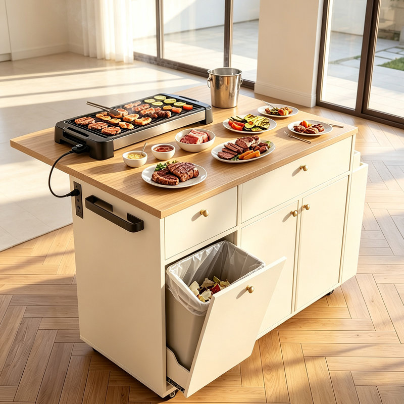 Îlot de cuisine OMCHOM 124 cm avec abattant et meuble de rangement pour poubelle, table îlot mobile sur roulettes avec 2 tiroirs de rangement, étagère à épices, porte-serviettes et étagère réglable, chariot îlot de cuisine avec rangement, table îlot mobile pour cuisine et salle à manger