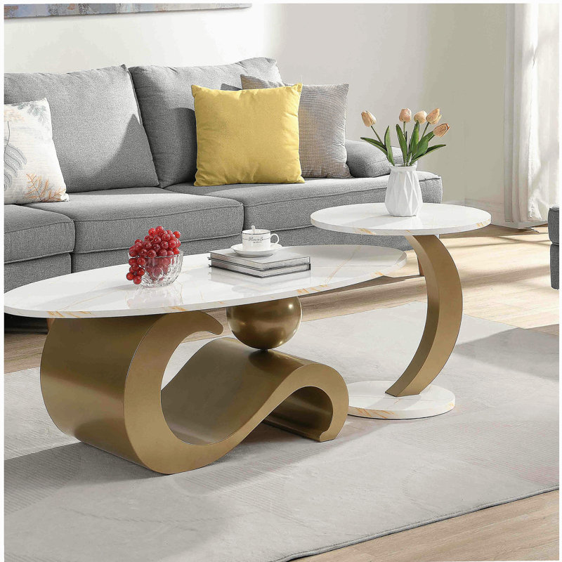 Ensemble de 2 tables de bout modernes pour le salon, ovales et rondes, Golden Modern