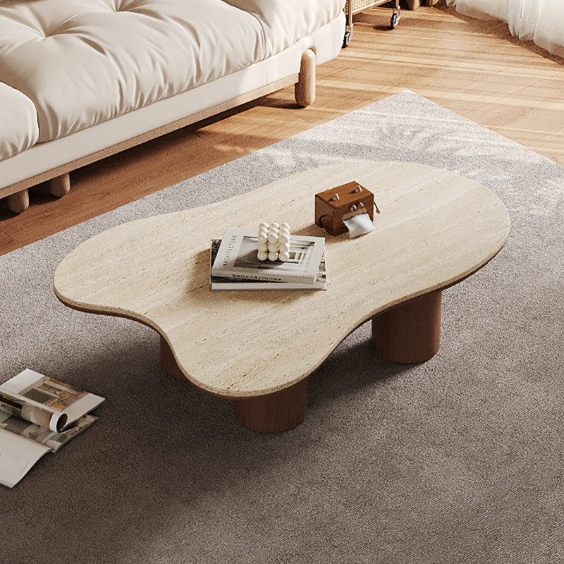 48“ Modern Wood Coffee Table, Beige Sintered Stone Top, Solid Wood Legs
